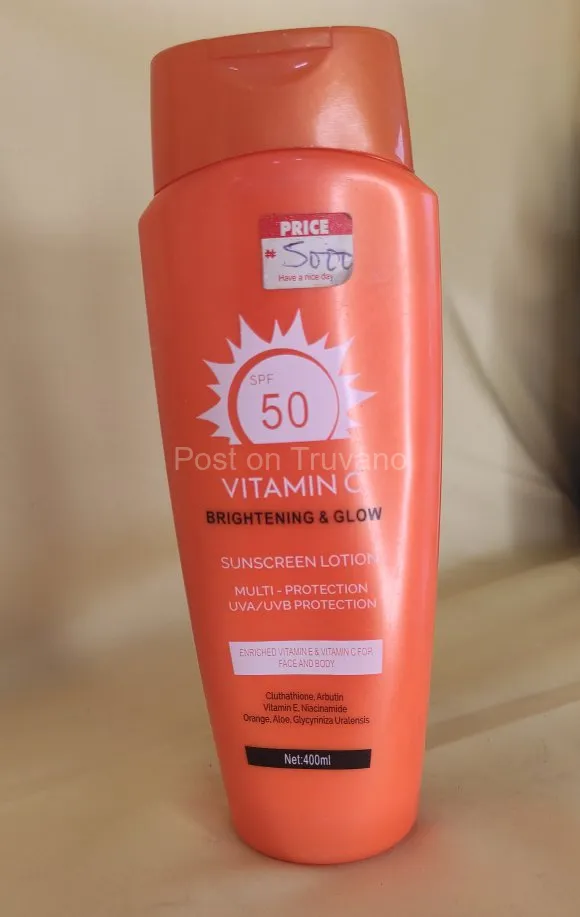 Vitamin C brand SPF 50 Brightening & Glow Sunscreen Lotion for face and body.
